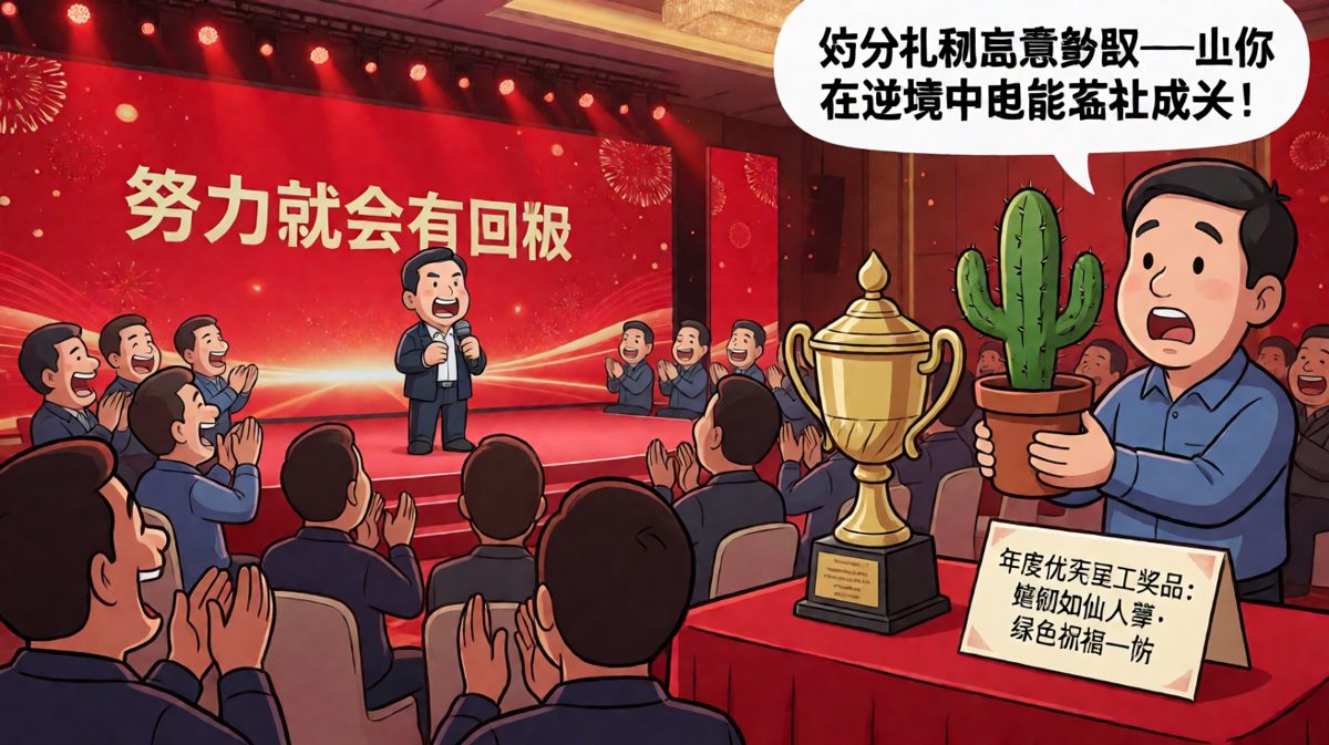 老板说'努力就有回报'，发下来的奖品是一盆仙人掌