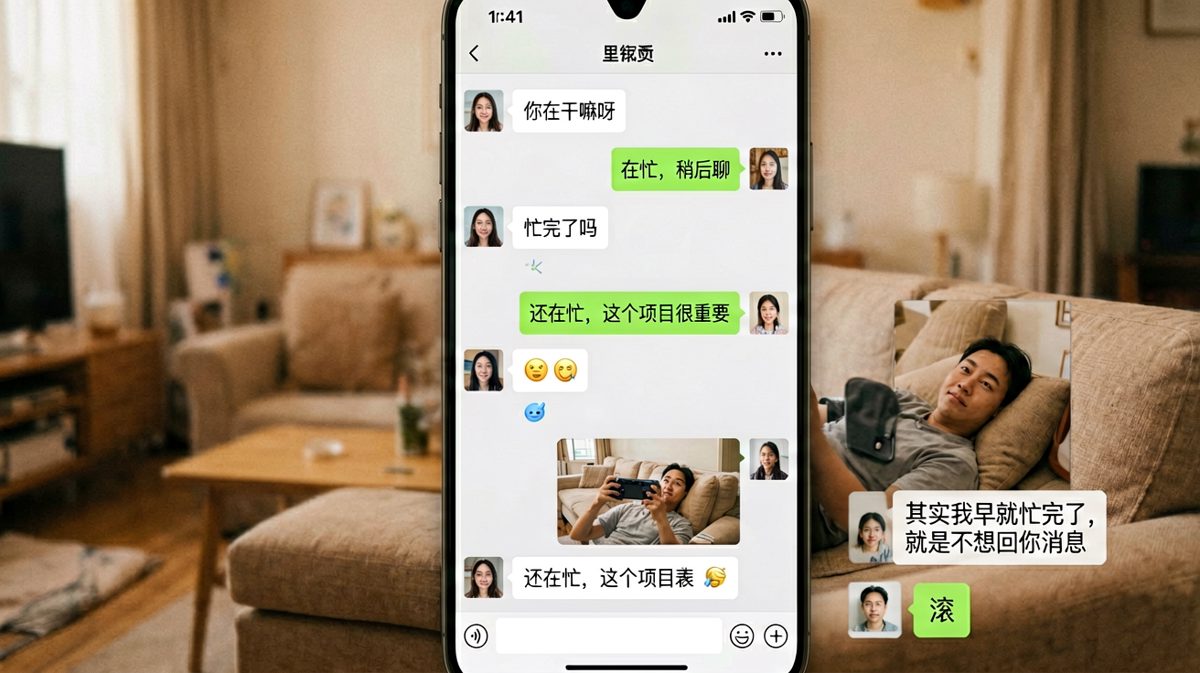 男生以工作忙为由拖延回复，结果真相是躺着打游戏，反转令人喷饭。