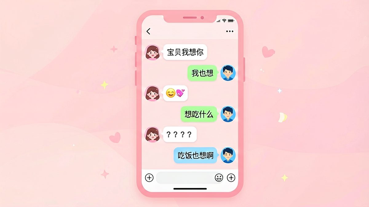 女生：宝贝我想你 → 男生：我也想 → 女生：？？？ → 男生：想吃什么