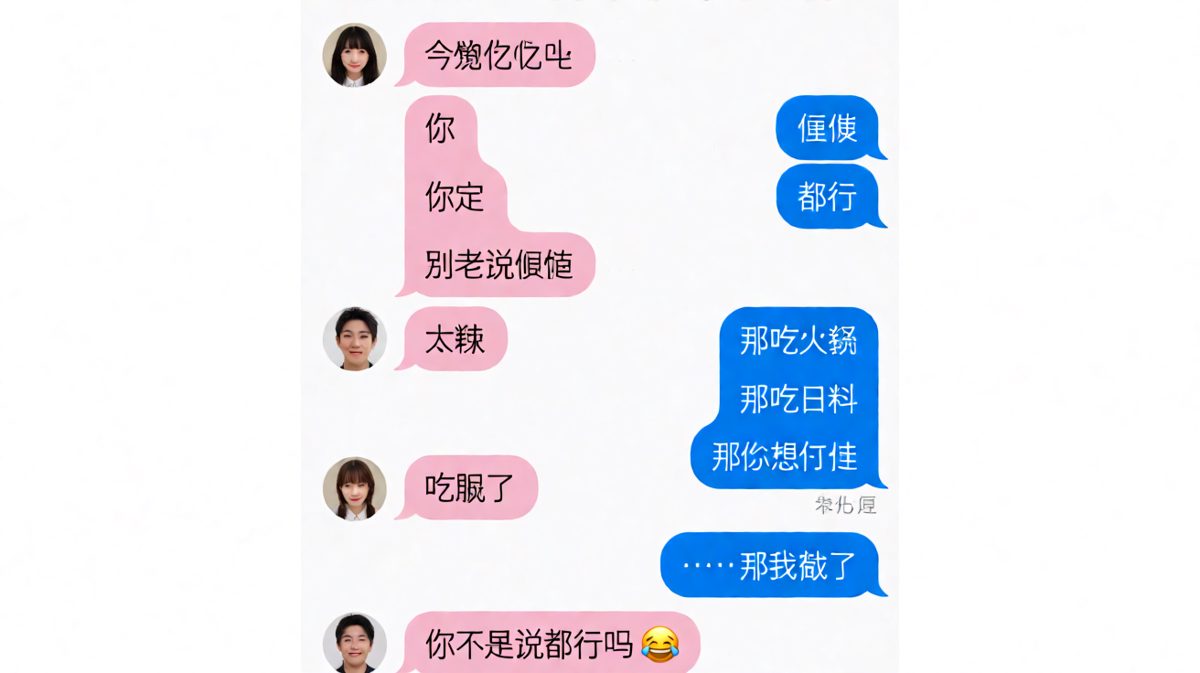 今晚吃什么——情侣永恒难题，最后以男生先饿结束。