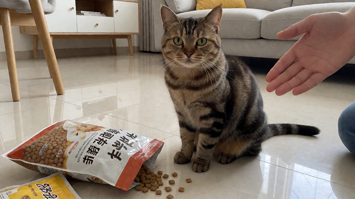 猫：我什么都没吃，是风把袋子吹倒的。
