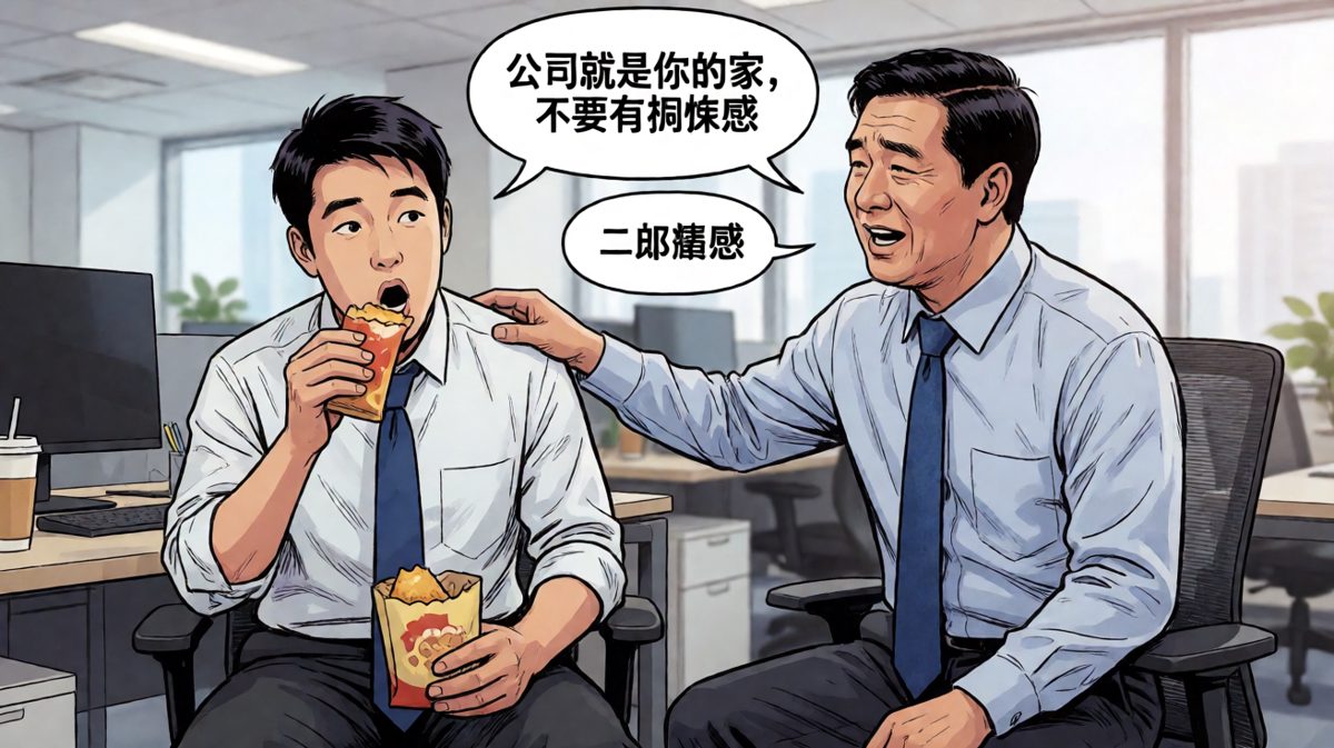 老板：公司是家——员工：那我先吃点零食不客气了