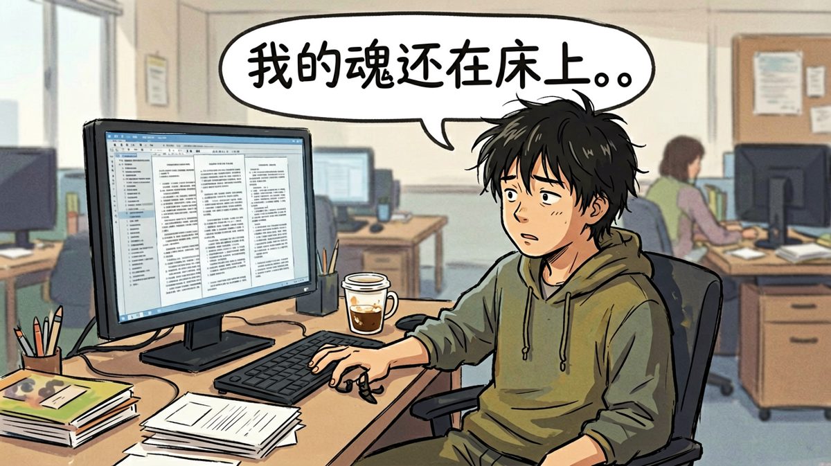 周一早上的打工人，身体已到岗，灵魂还在床上
