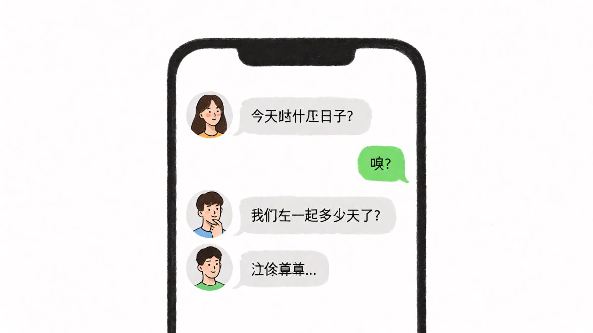 女生试探男生是否记得纪念日，男生假装计算后反转调侃。