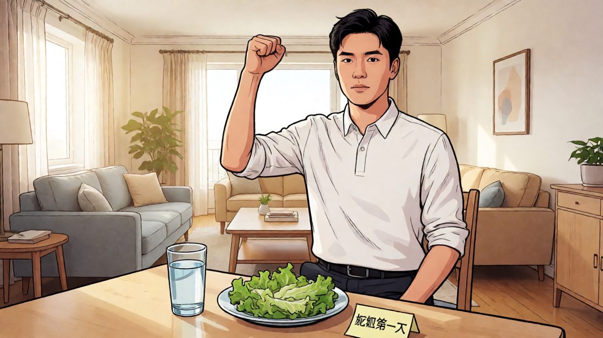 雄心勃勃的减肥宣言，配上清淡到发苦的沙拉。