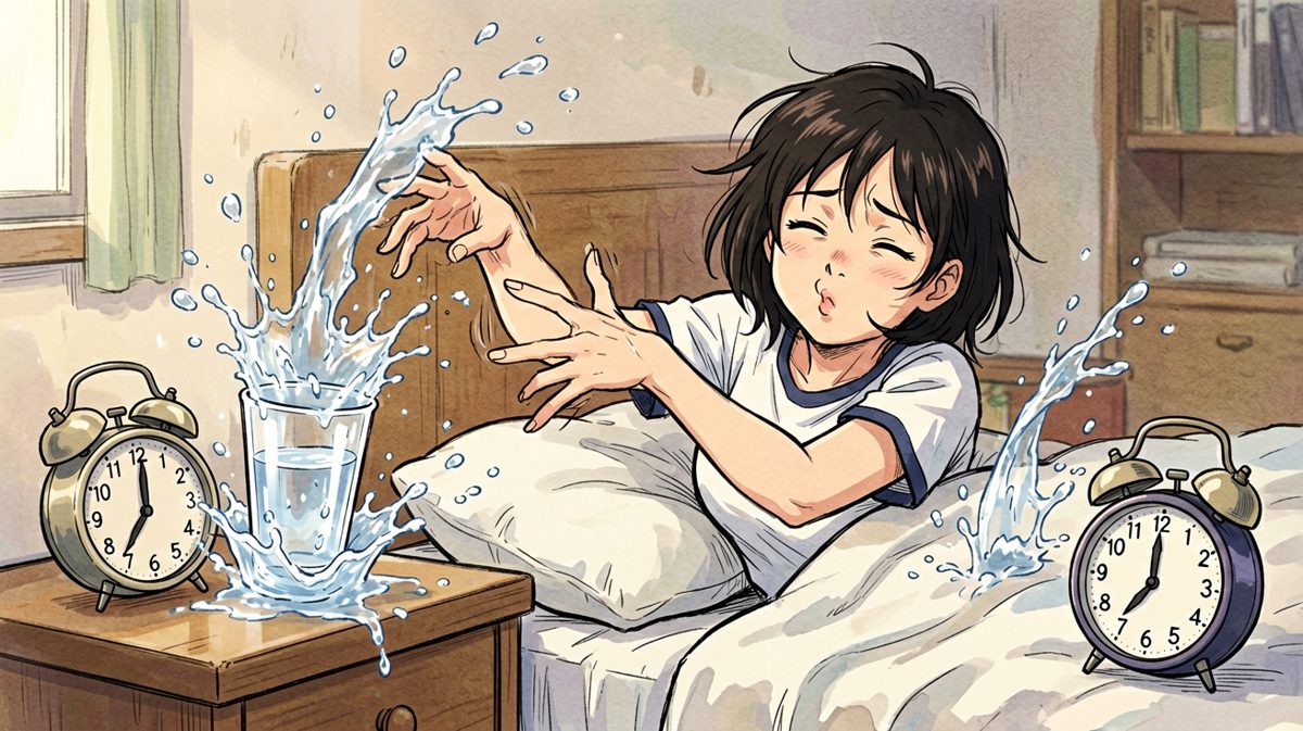 关闹钟的过程中意外把水杯打翻了……