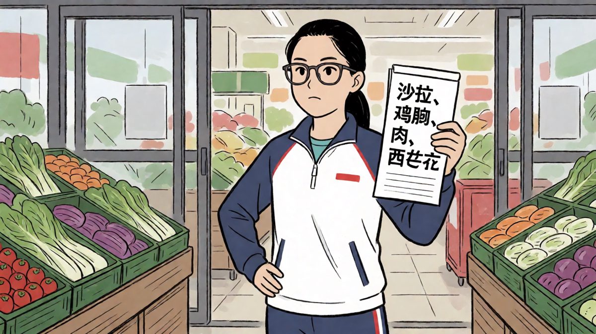 早晨的他，雄心壮志地走进超市，立志减肥。
