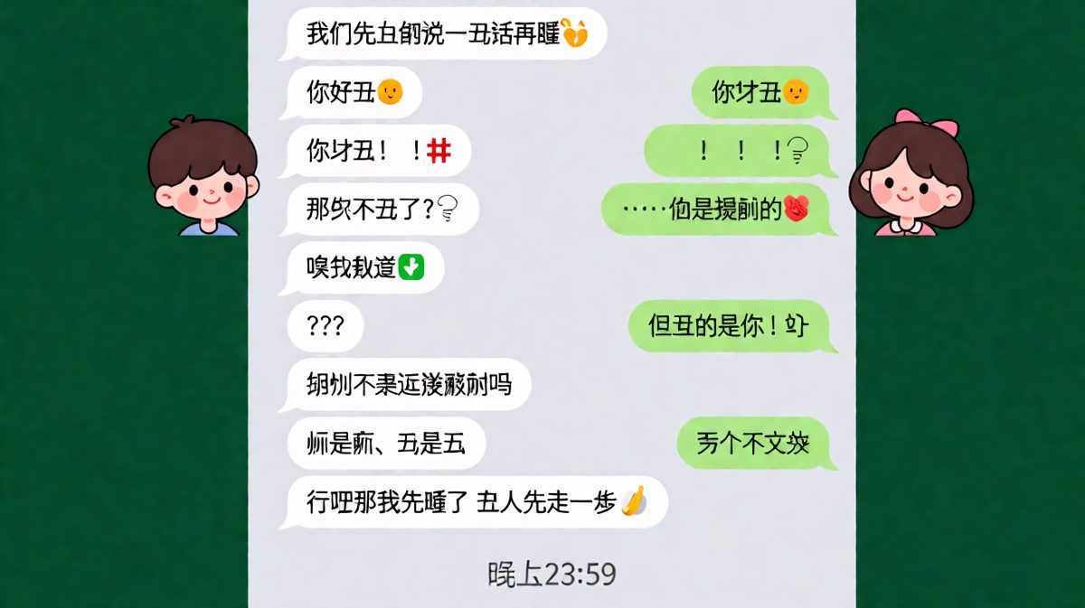 互相放丑话变成互相夸，最后男生用魔法打败魔法