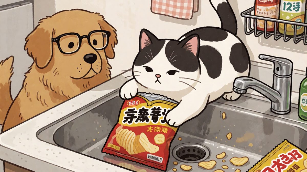 深夜厨房行动，猫咪主厨完成了他的第一道薯片限定料理。