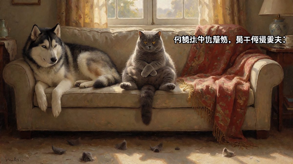 这只猫把自己当成了沙发的合法所有者，而那只狗只是个临时租客。