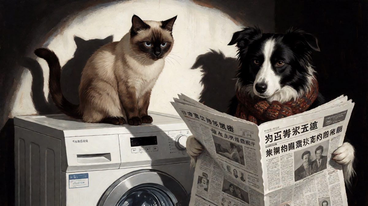 猫咪监听中，狗狗担心洗衣机成为下一个受害者，眼神里写满了'我就是在保护它'。