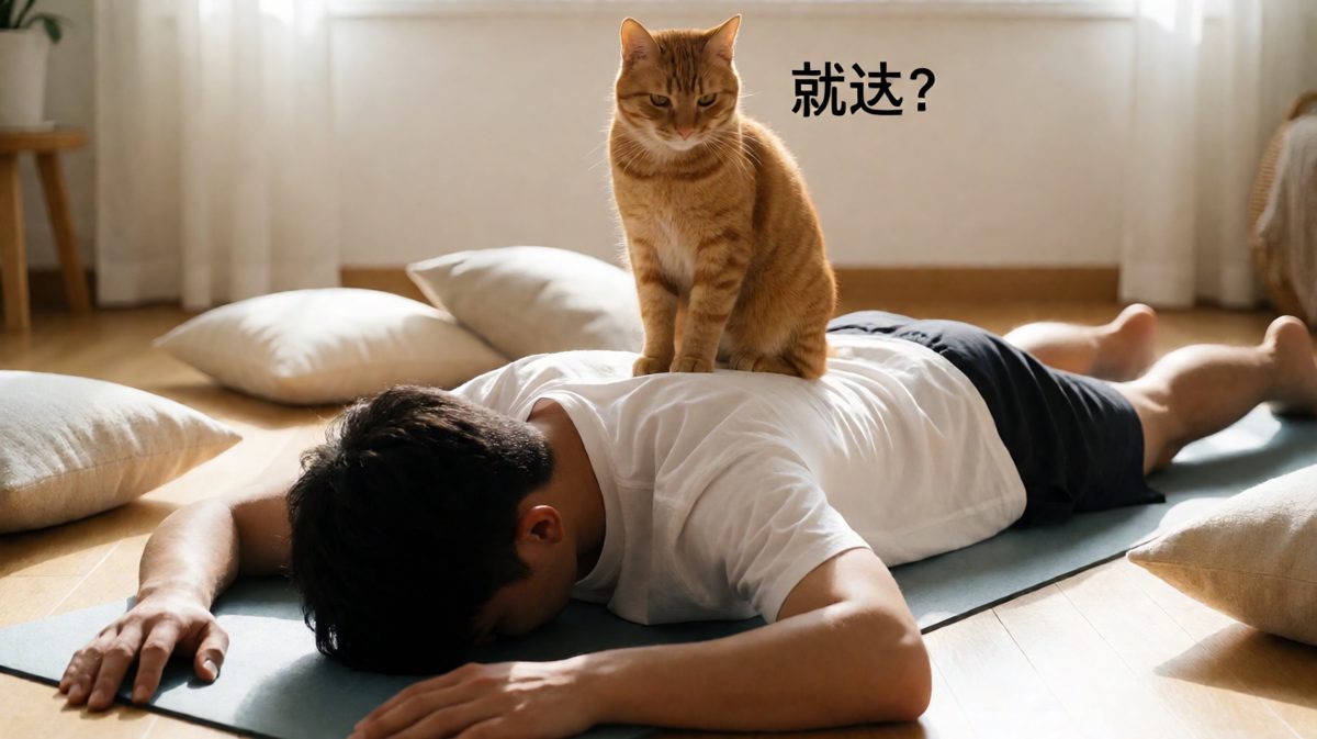 最终结局：瑜伽没练成，倒是给猫当了一张床。