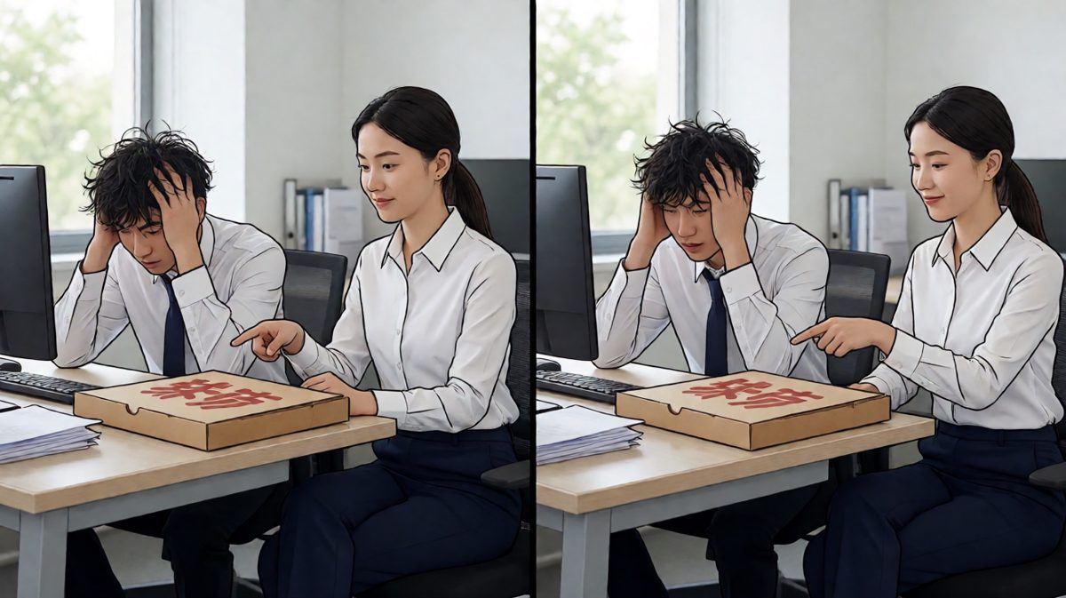 同事B：那就吃你旁边的披萨吧。同事A：……