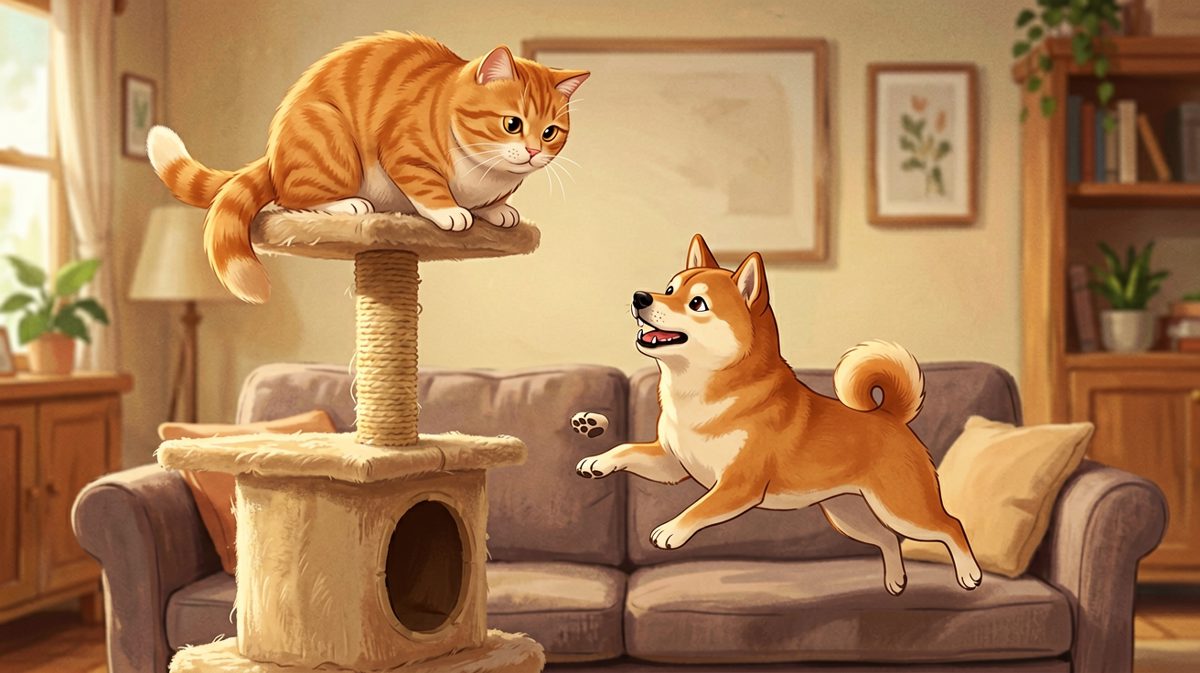 胖橘猫：这是我的王座，你算老几？（柴犬：让我上去我就上去，你能拿我怎样）