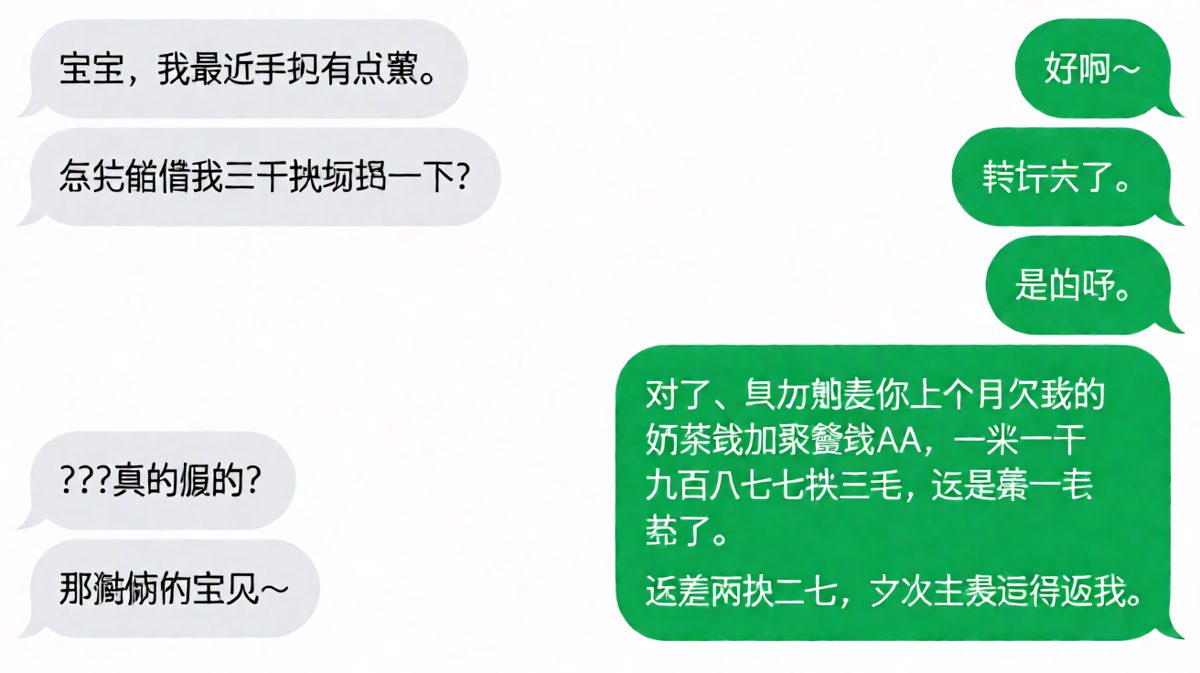 男生装可怜借钱，结果被女友反向算账，还倒欠两块二毛七。