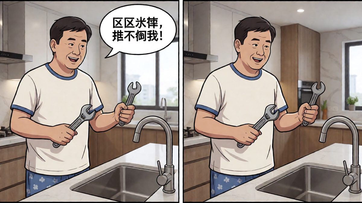 第一格：发现漏水，自信表示能自己修