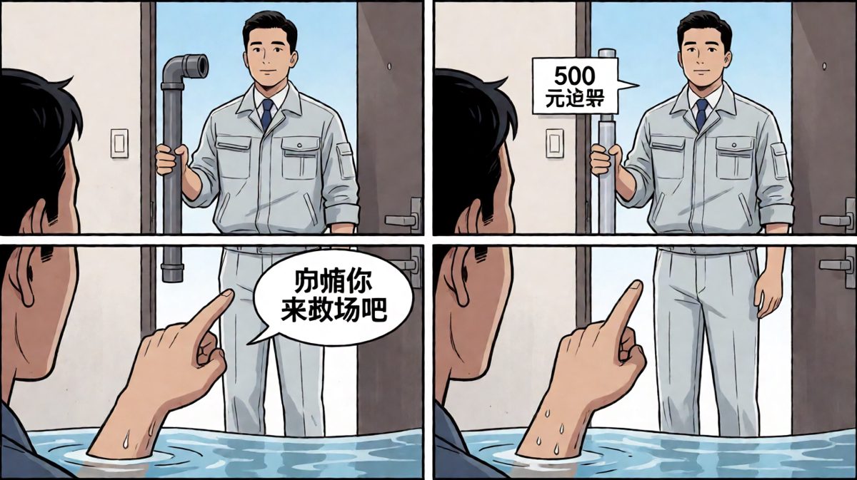 第四格：水管工来了，收费单让心更痛