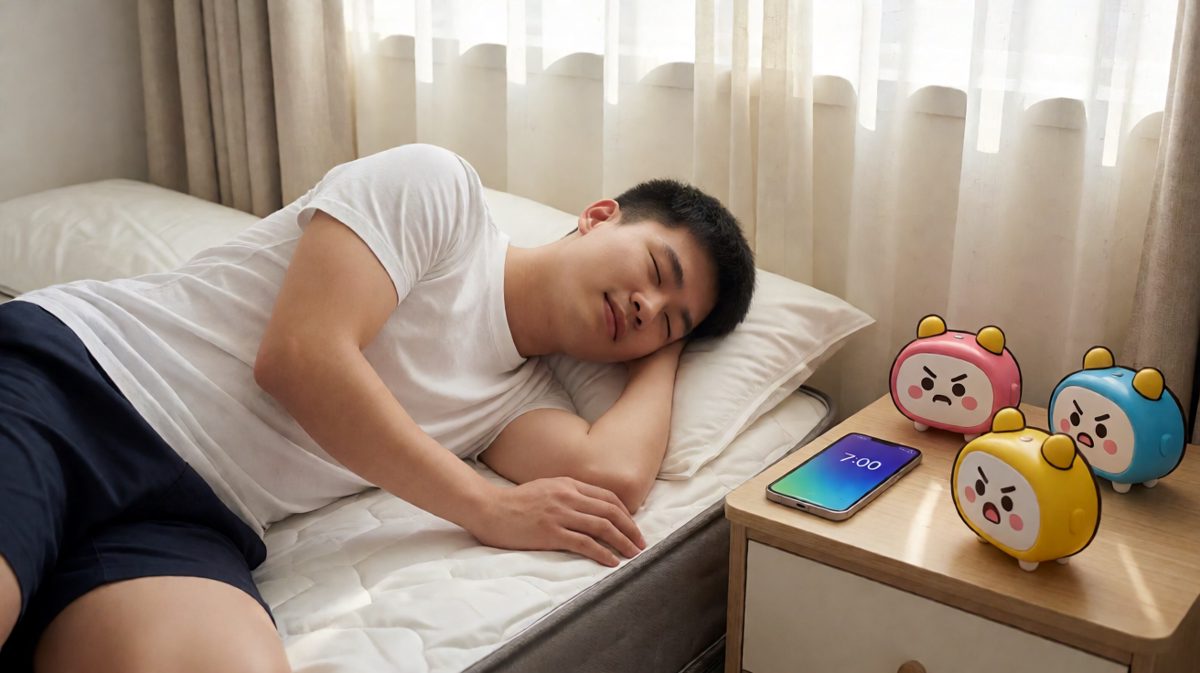 第一格：闹钟狂震，主人依然呼呼大睡，闹钟们已经气炸了