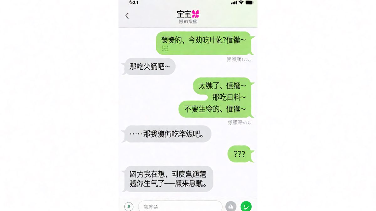 「随便」这个词汇，是情侣聊天的终极武器，最后男生用自嘲化解危机。