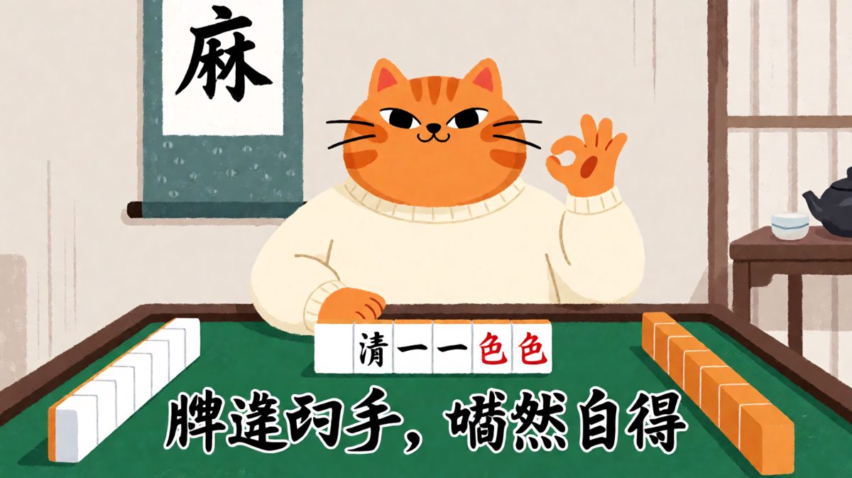 猫咪打麻将得意忘形，谐音'棋逢对手'变'喵然自得'