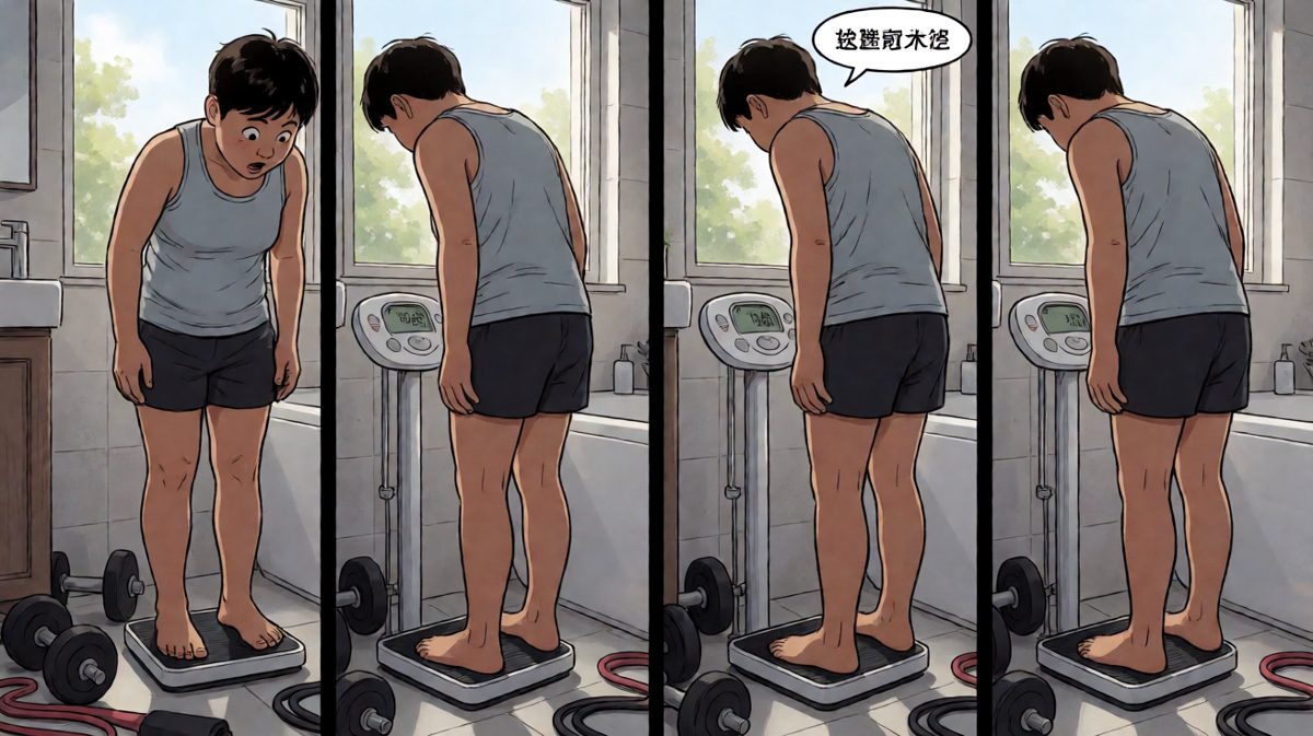 第4格：站上体重秤一看——坏了，不是我胖，是秤疯了！