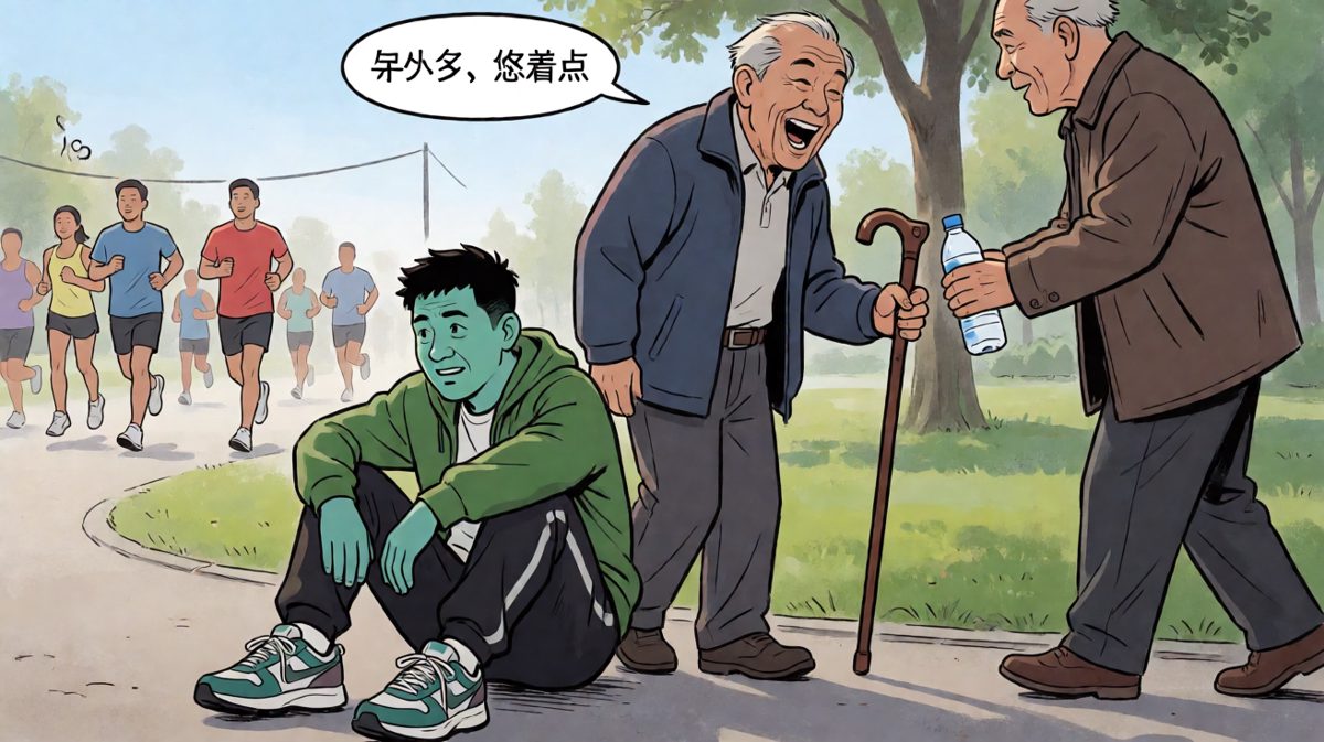 跑了不到一百米就崩溃，大爷递来拐杖表示同情。