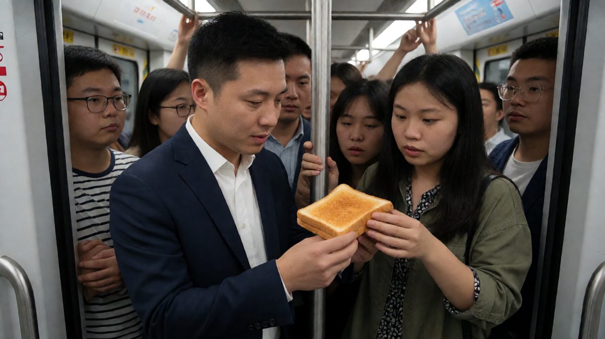 早高峰地铁里，主角成了人形吐司广告牌。