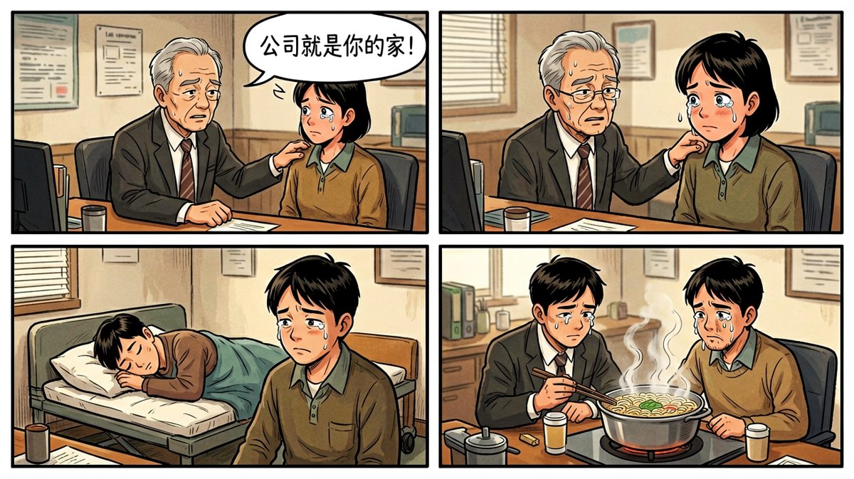 老板：'公司就是你的家'——员工当真了，现在住公司睡行军床。
