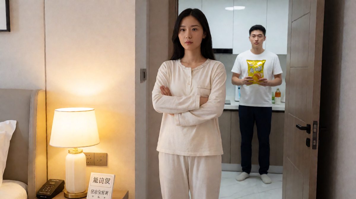 老婆站在门口，眼神杀死他。