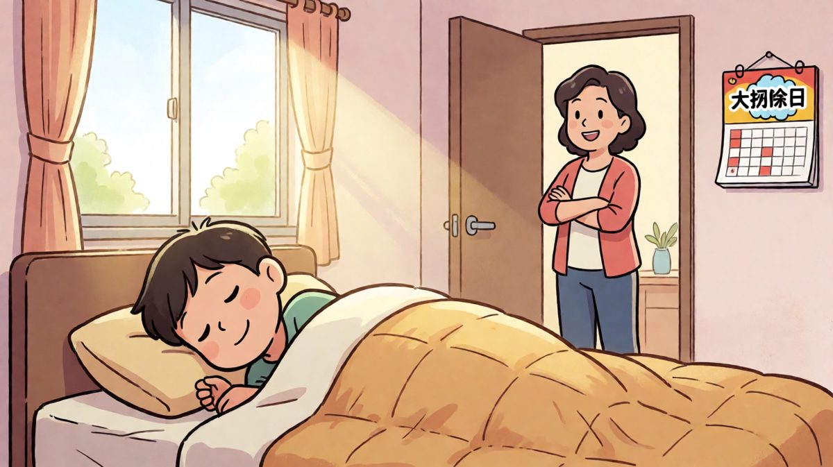 妈妈推门而入：起床大扫除！
