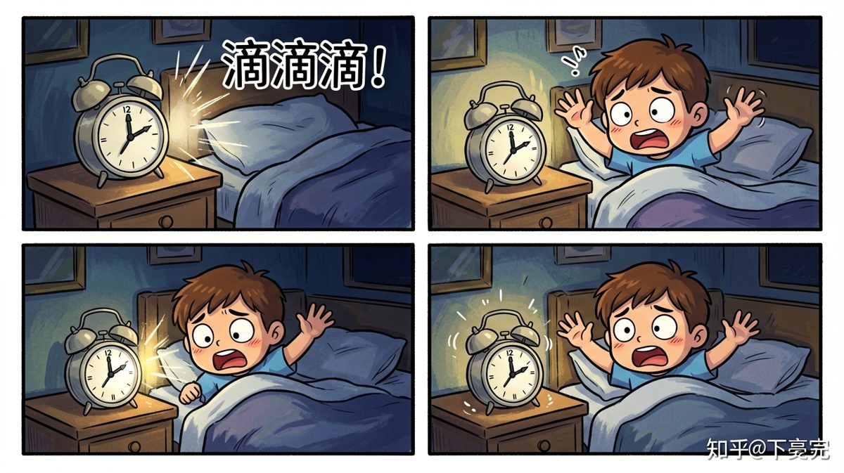 凌晨三点，闹钟突然尖叫，小王吓得直接从床上弹了起来