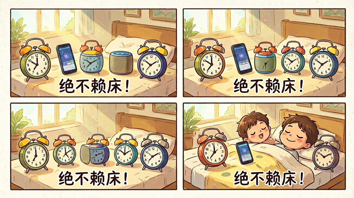 为了彻底战胜赖床，小王布下了天罗地网般的闹钟大阵
