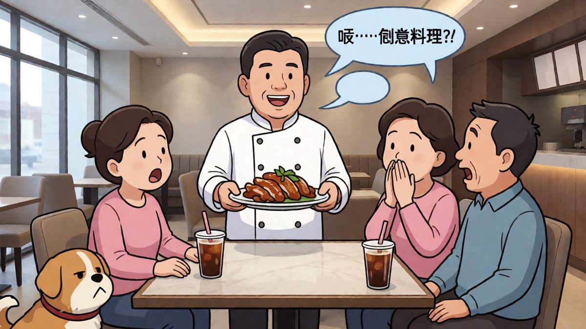 主角端上'作品'，全家表情管理失控。
