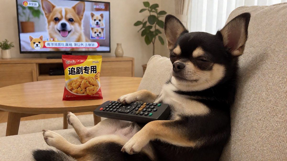 狗生巅峰不过如此：零食在手，电视我有