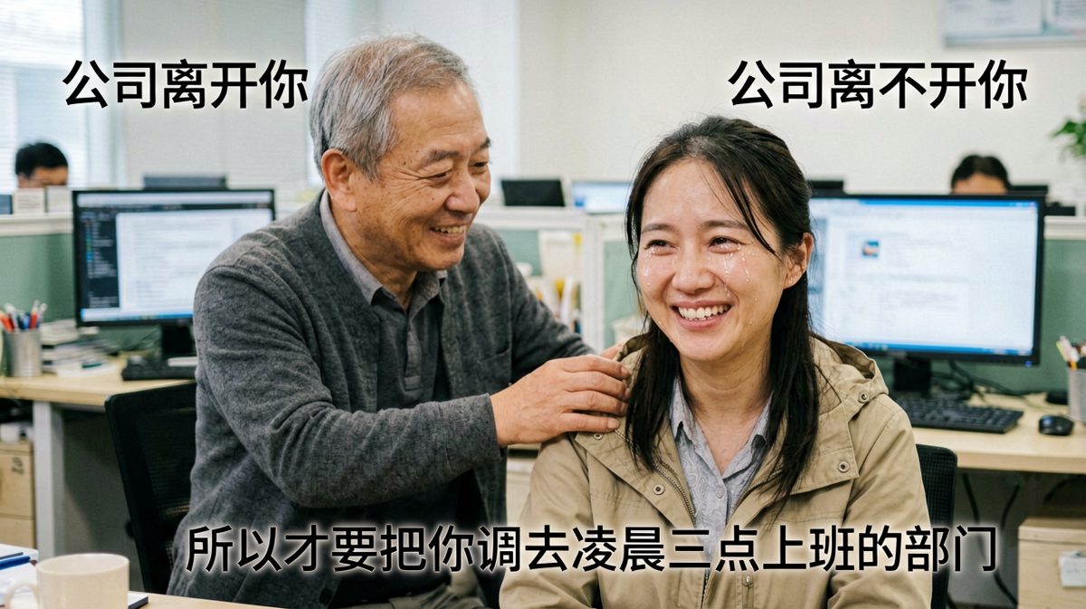 老板：公司离不开你！员工：谢谢老板栽培！老板：所以才让你来上夜班