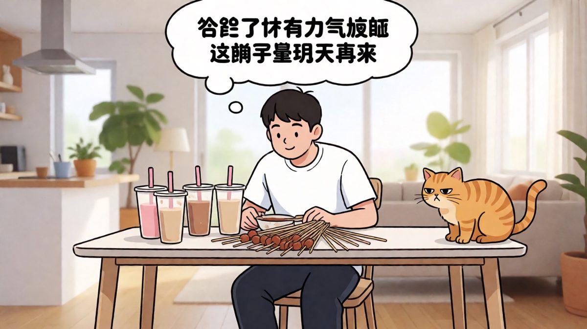 自我安慰公式：吃 = 不亏，明天再说。