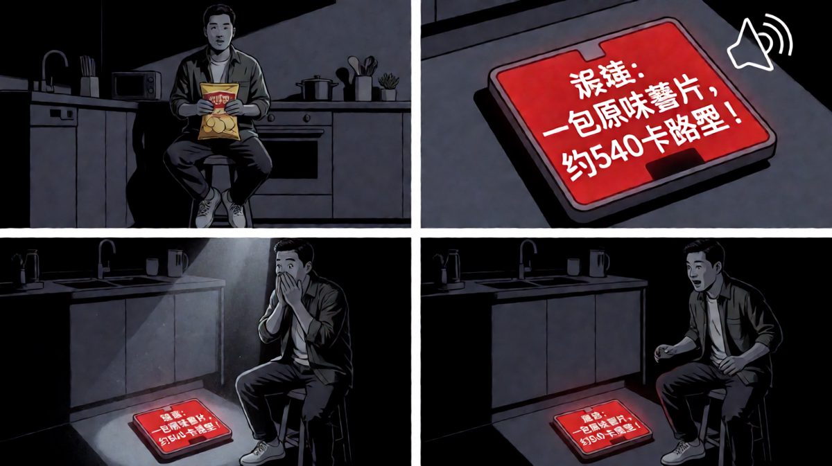深夜偷吃翻车：刚拆开零食，秤立刻大声播报热量，男主吓得魂飞魄散。