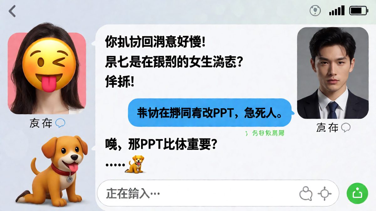 女生连环质问‘慢回消息’，男生用跪地表情包化解危机。