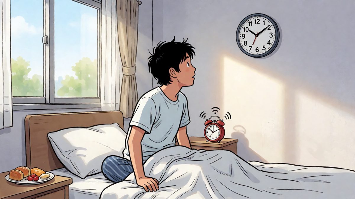 第3格：惊醒！一看时间9:30！疯狂洗漱冲出门