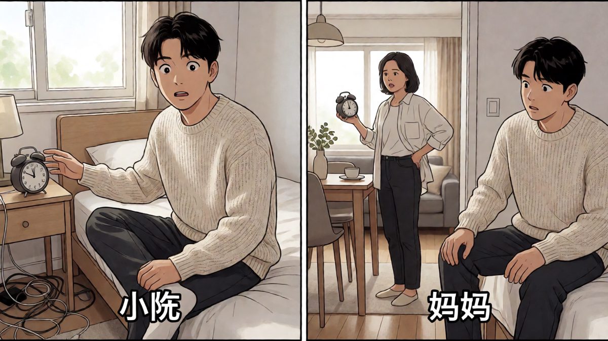 原来妈妈早就把闹钟没收了，小陈彻底睡过头