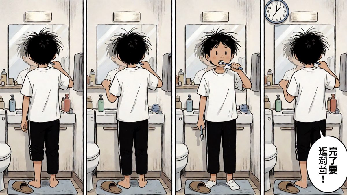 第二格：发现睡过头了，开始疯狂洗漱
