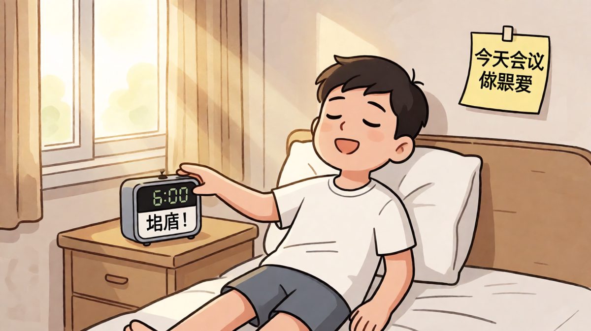 闹钟响起，小王的内心正在进行激烈的起床挣扎赛。