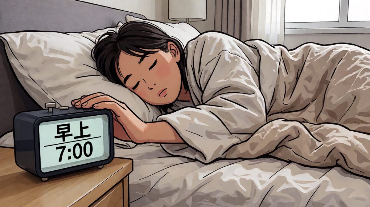 第一格：闹钟响起，本能的伸手按掉