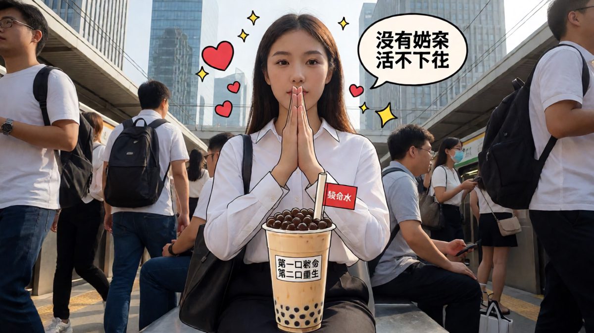 奶茶党对珍珠奶茶的狂热依赖，配文「没有奶茶活不下去」
