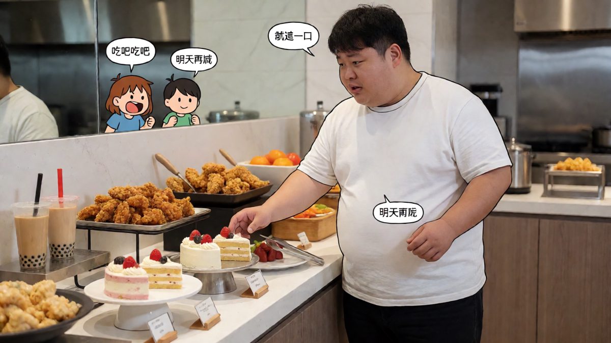 减肥路上面对美食的内心挣扎，配文「就这一口明天再说」