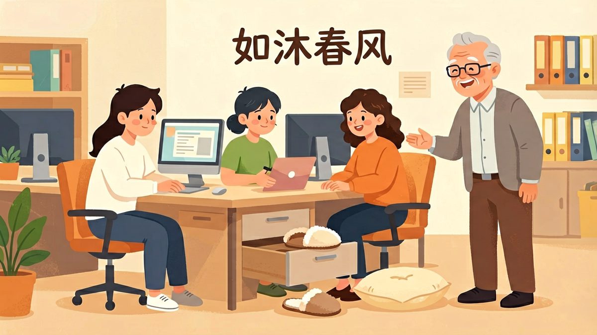 员工：'在公司就像回家一样自在'，于是掏出了拖鞋。