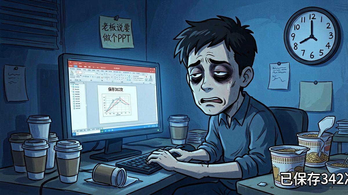 凌晨三点的办公室，打工人已经为PPT奋战了八个小时