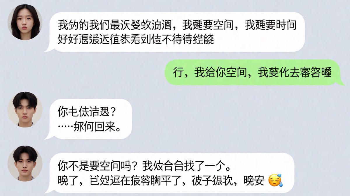 女生要空间，男生直接给她一个客房的空间。