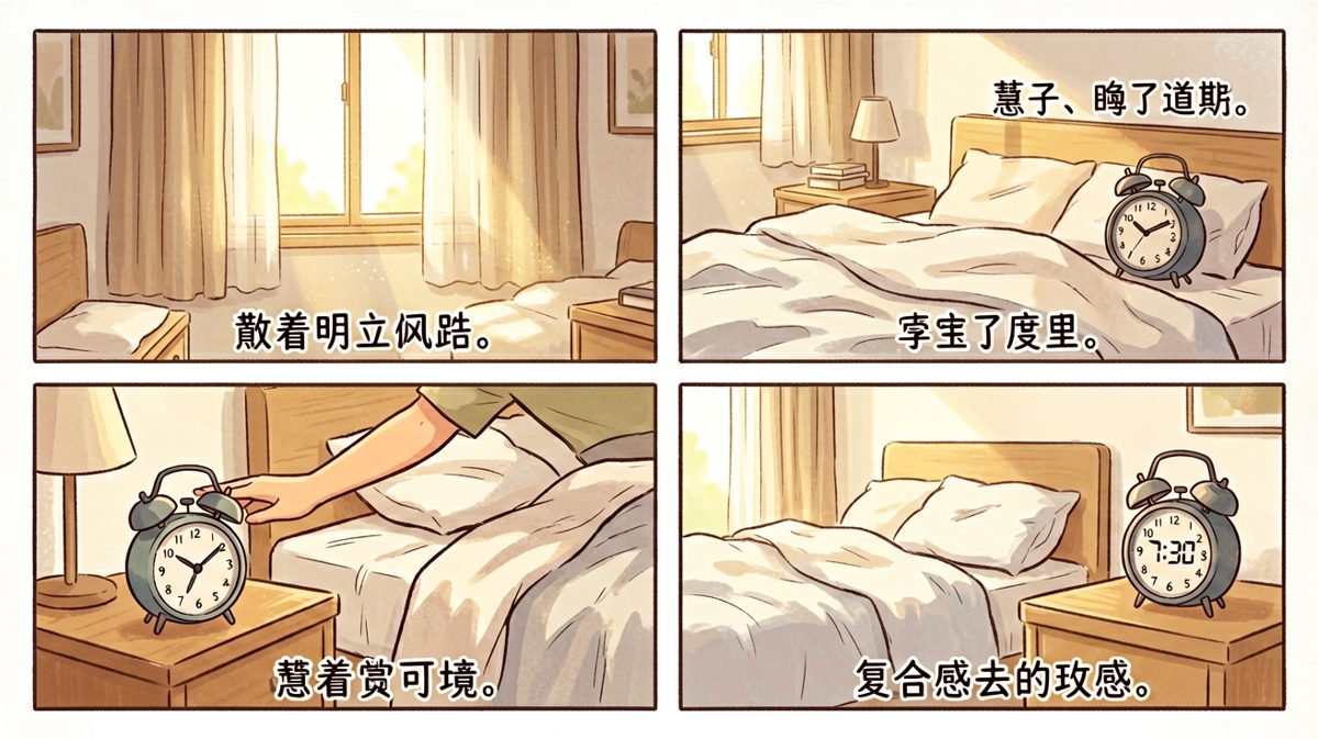 第一格：闹钟响起，主角挣扎着醒来，伸手按掉闹钟。