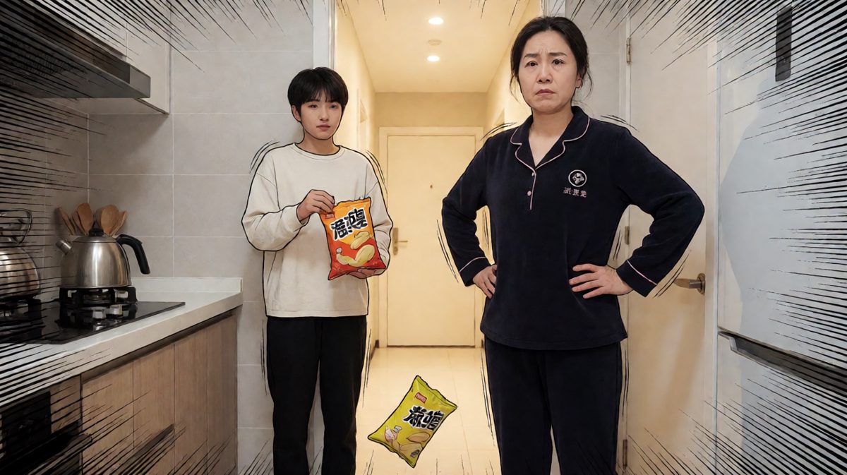 抬头一看，妈妈正站在门口盯着自己